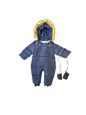 MURMURBEAR Baby Snowsuit Size 18-24 Months Navy Blue Hooded With Gloves Faux Fur